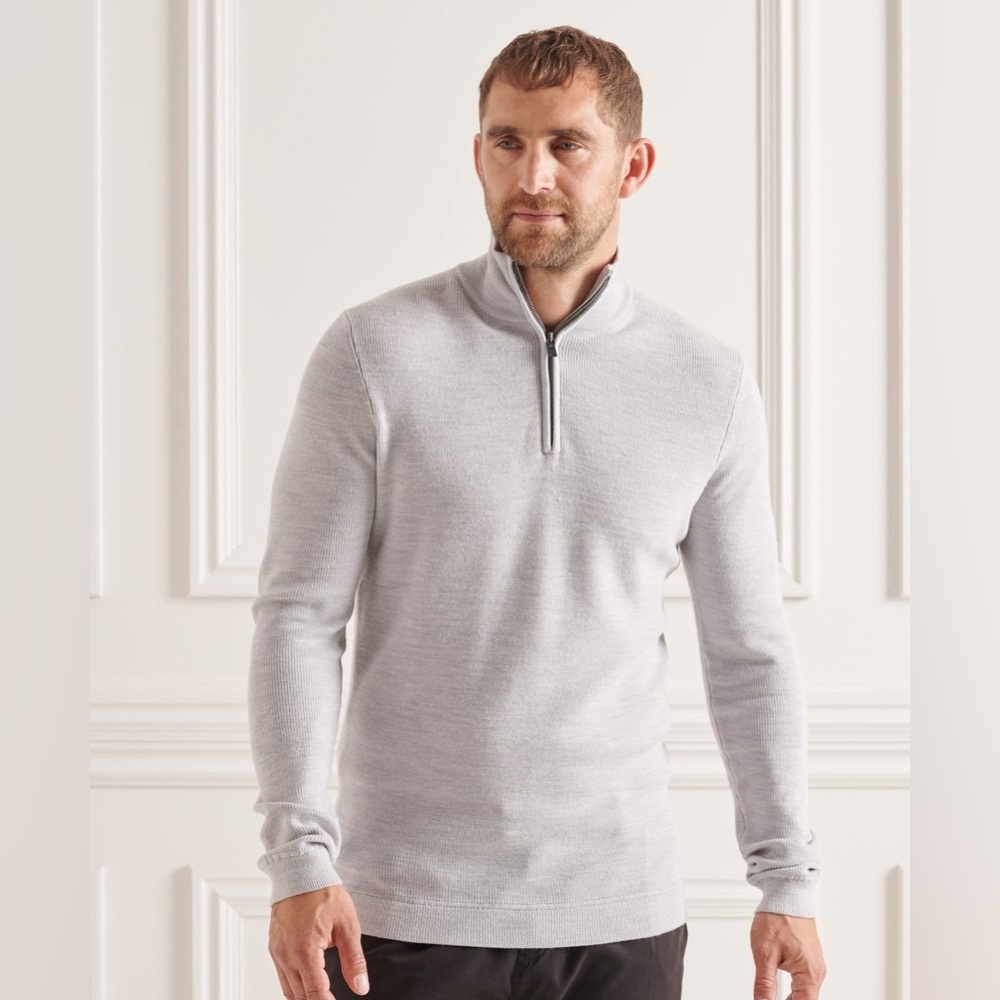 Superdry Merino Half Zip Jumper in Mid Marl Grey - 100% Fine Merino Wool